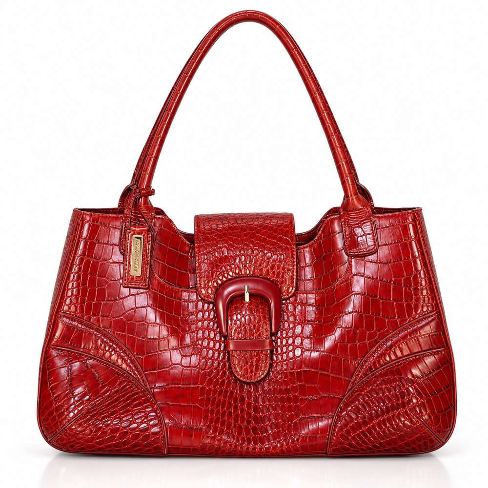 Antonio Melani Red Croc Embossed Leather Shoulder Bag Large Buckle Y2K Luxe
